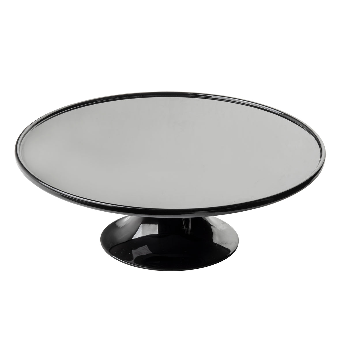 A glossy, black melamine cake stand from the Crofthouse Collection with a wide, flat surface and sturdy pedestal base. Its reflective finish and modern design with smooth edges make it perfect for any display. Shown against a plain white background.