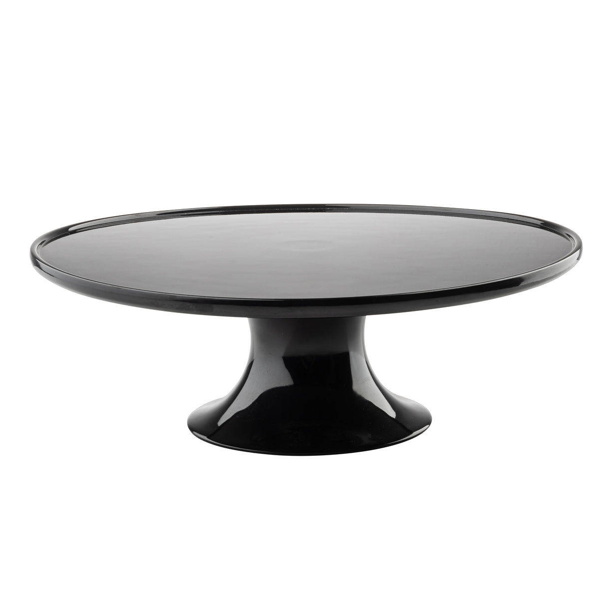 Part of the Crofthouse Collection, this glossy black melamine cake stand features a wide, flat top and a sturdy pedestal base. Its simple, modern design boasts smooth surfaces and a reflective finish, set against a white background.