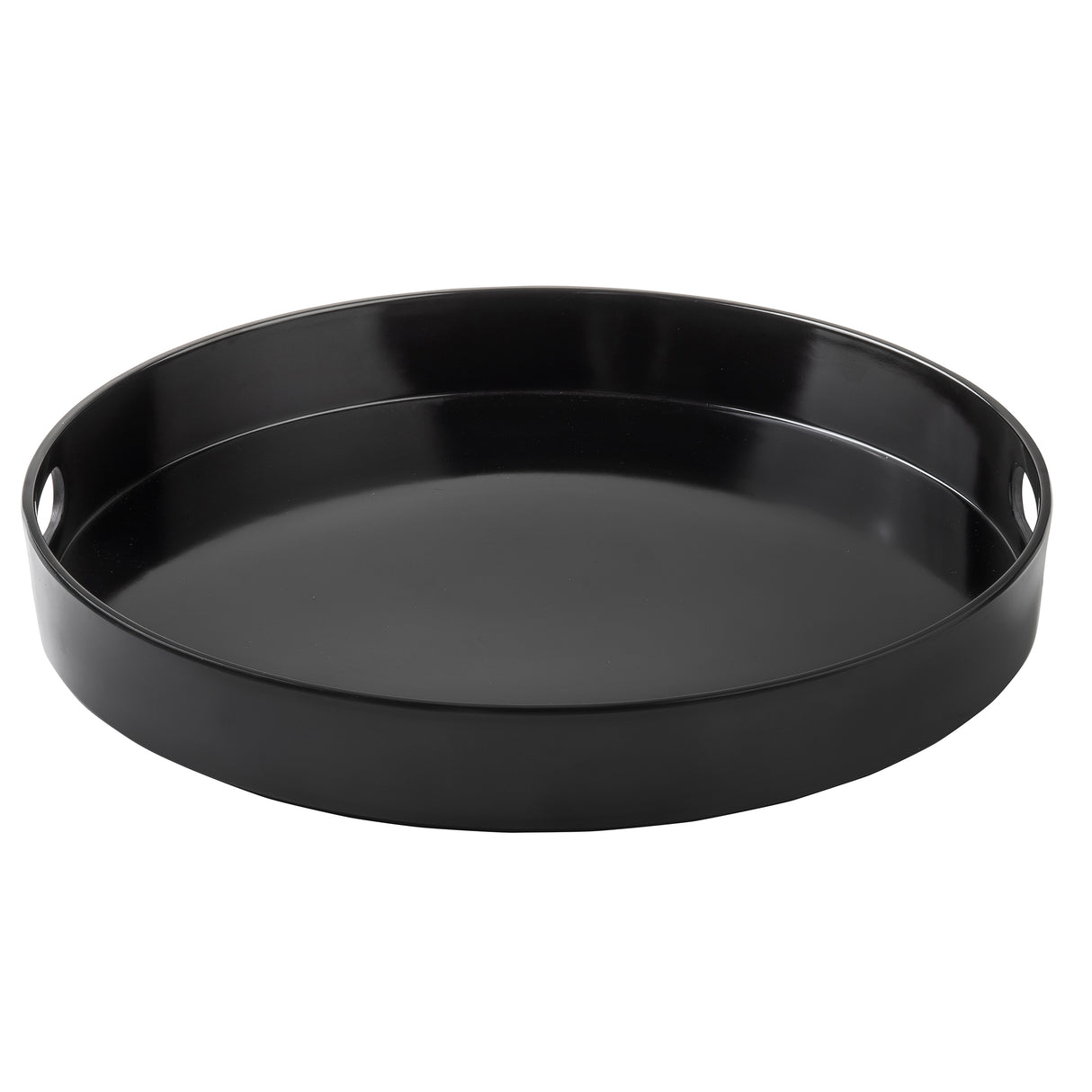 A round, black melamine serving tray with a glossy finish. It features slightly raised sides and two oval cut-out handles for easy carrying. The smooth, reflective inside surface is durable and dishwasher safe.