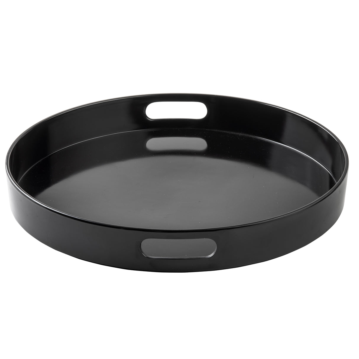 A round, black melamine serving tray with a glossy finish. The tray has tall sides, two oval cut-out handles for easy carrying, and a smooth, reflective surface. Dishwasher safe and empty against a plain white background.
