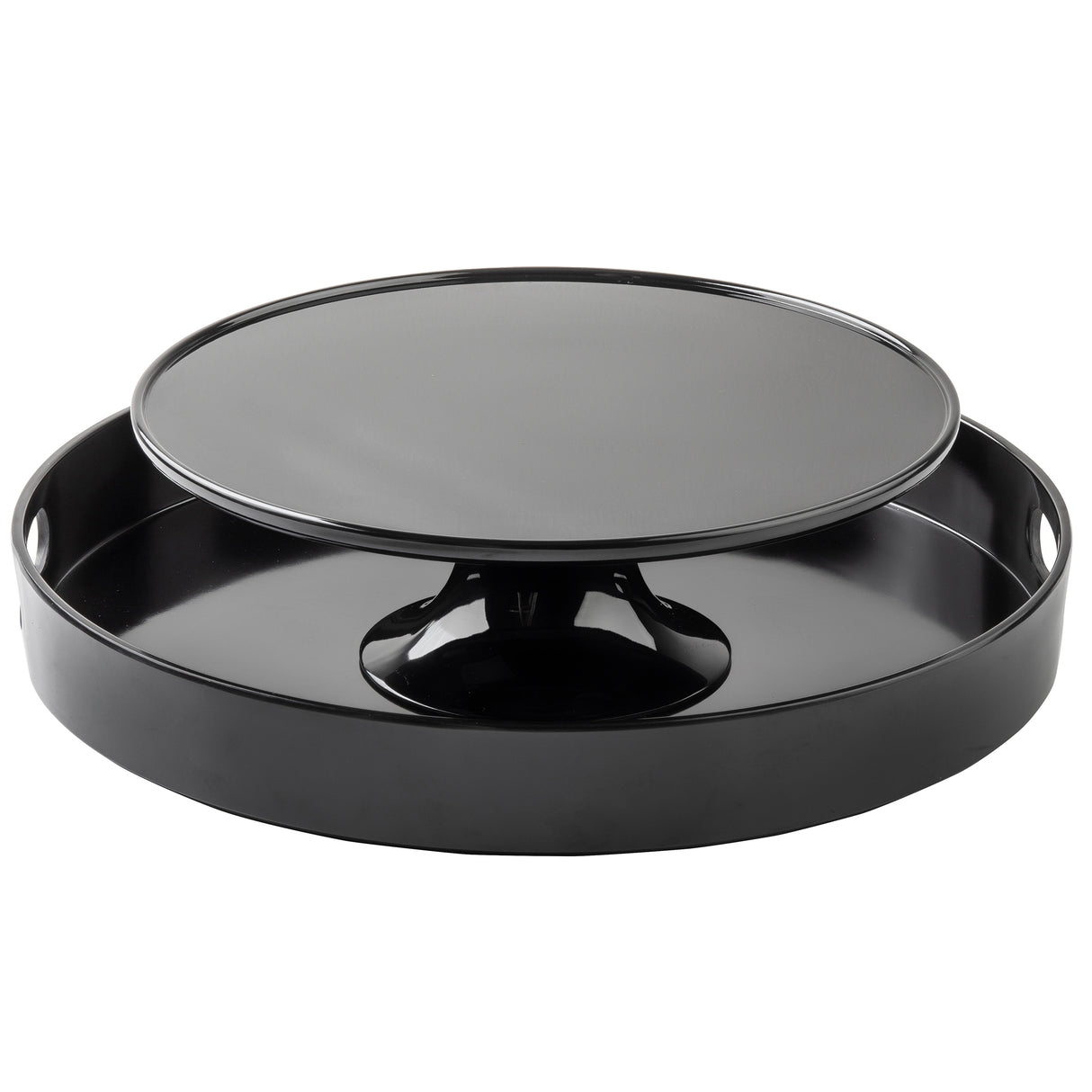 A glossy black melamine serving tray with raised edges and side handles, featuring a removable elevated platform on a short pedestal. This dishwasher safe tray creates two serving levels for versatile entertaining.