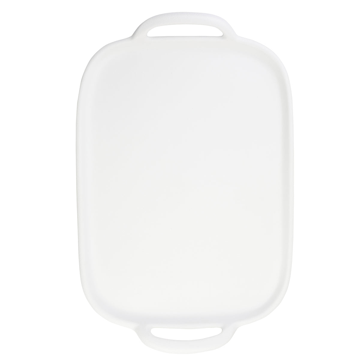 A large, rectangular white plastic cutting board with rounded edges and two oval handles on opposite ends. Made from durable melamine, its smooth surface is unmarked and set against a plain white background.
