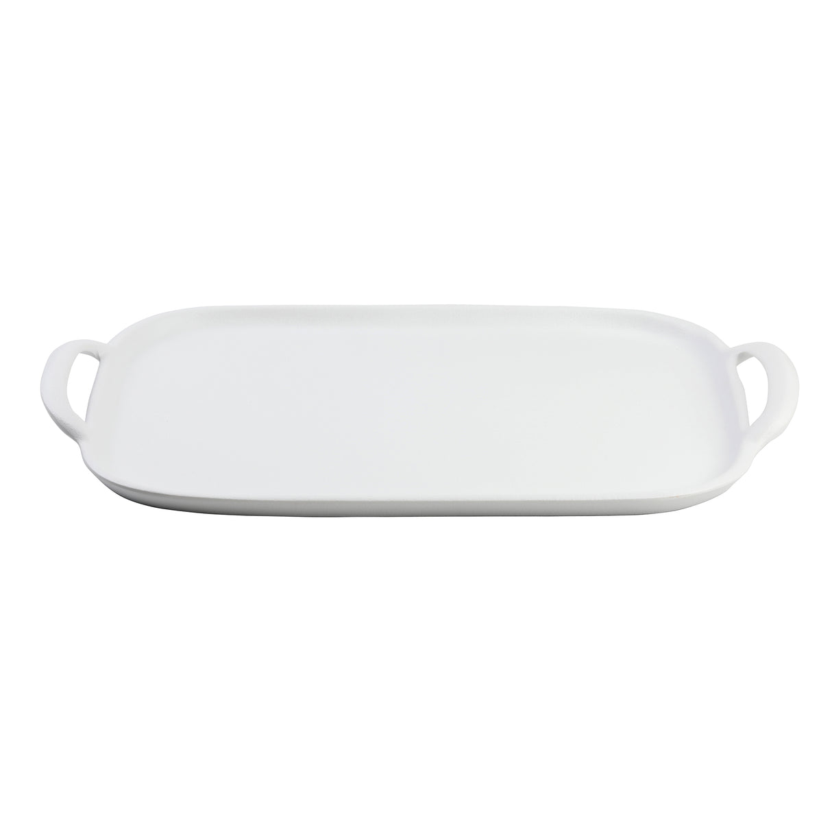 A rectangular white melamine serving tray with slightly rounded edges and two integrated handles on each short side, sitting on a plain white background. The tray has a smooth, dishwasher safe surface and a minimalist design.