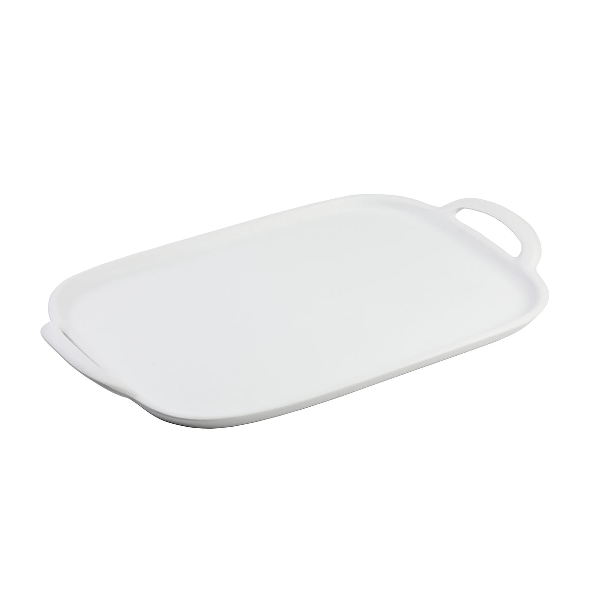 A white melamine serving tray with slightly raised edges and two built-in handles on opposite short sides, set against a plain white background. The tray features a smooth, modern design and is dishwasher safe.