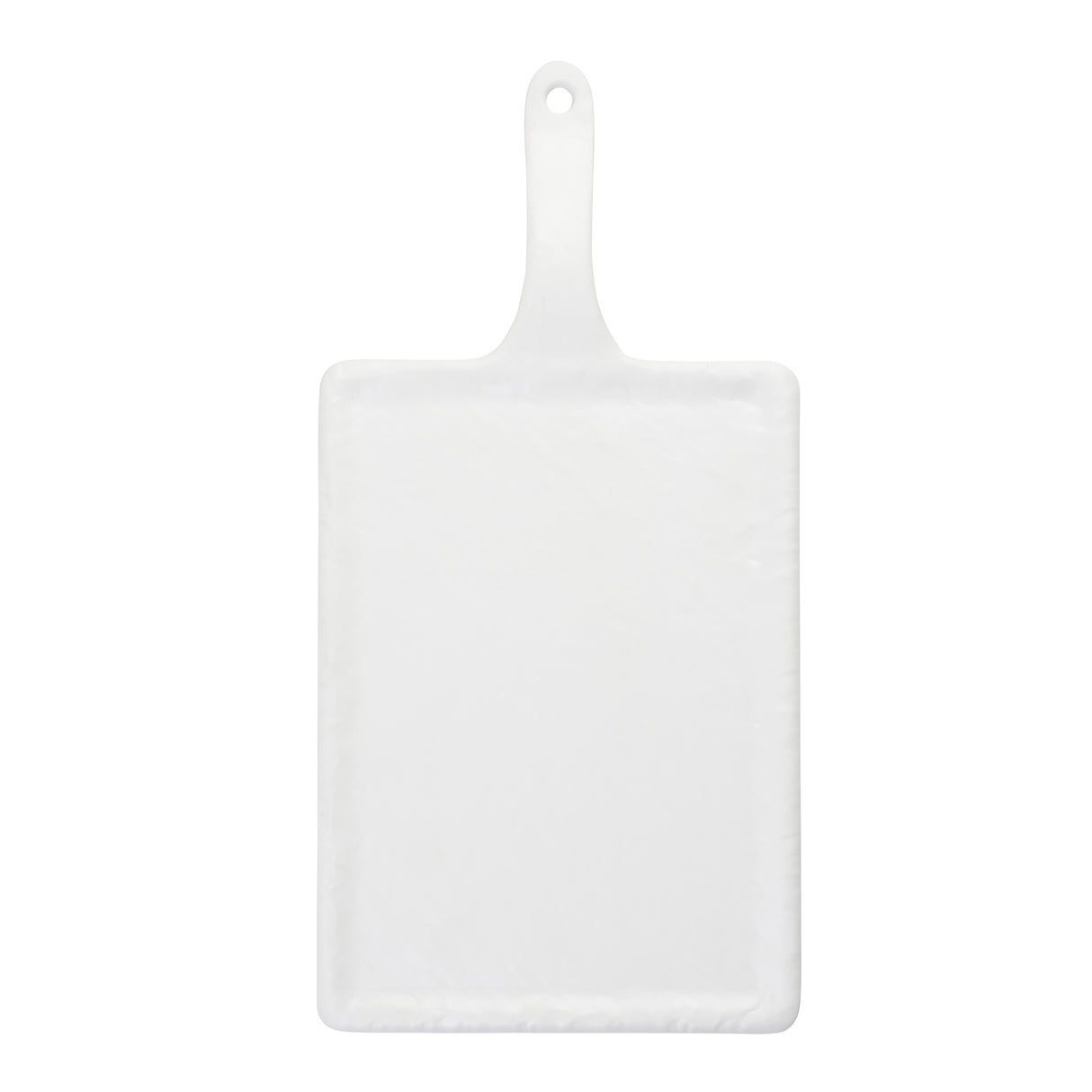 A rectangular white plastic cutting board from the Frostone Collection with a handle featuring a hole for hanging. The smooth, slightly rounded edges and clean surface resemble a melamine platter. Photo taken from above on a plain white background.