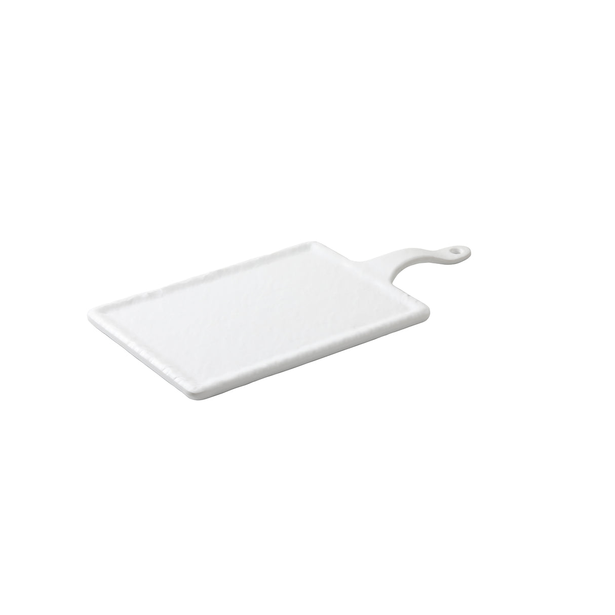 Rectangular white ceramic serving paddle with a textured surface, rounded edges, and a handle featuring a small hole for hanging. The board is photographed on a white background with a slight shadow beneath it.