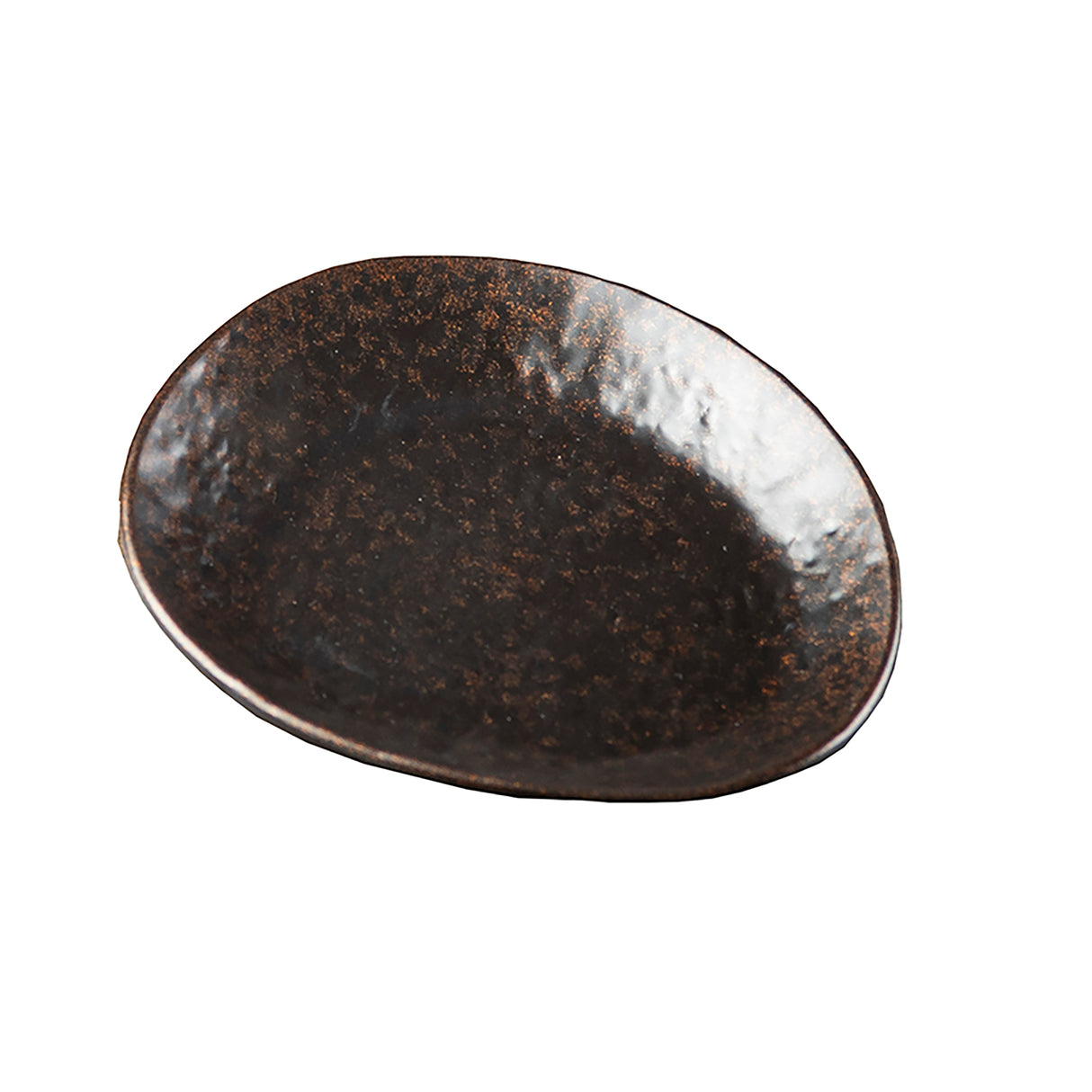 A shallow, oval ceramic plate with a dark, speckled brown surface and a slightly uneven rim. Reminiscent of the Lunara Collection serving plate, it features a textured, handmade appearance and is photographed on a white background.