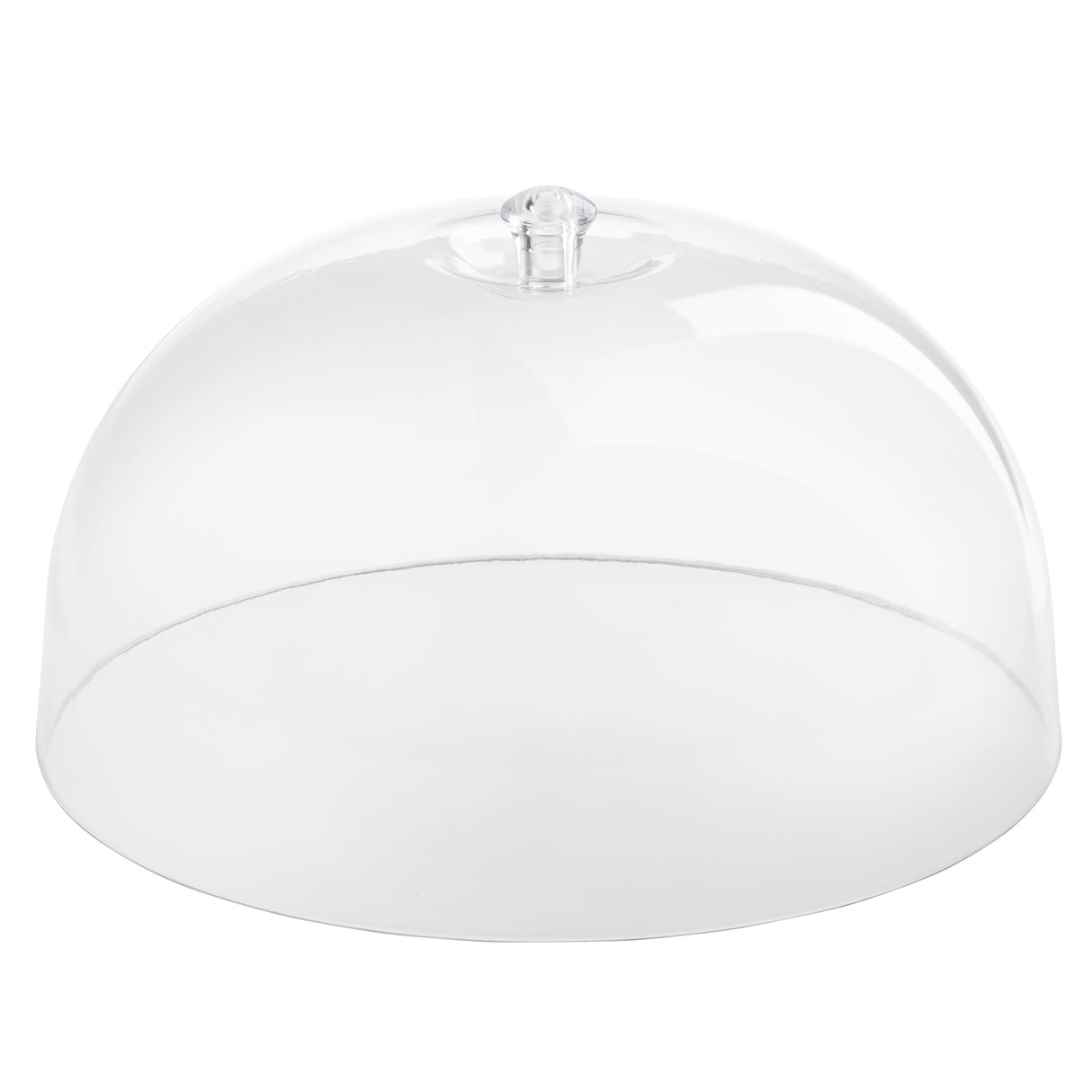 A clear, round Cake Dome with a small handle on top, perfect for covering cakes or pastries. This transparent cover is BPA free and sits on a white background, showing no contents inside.