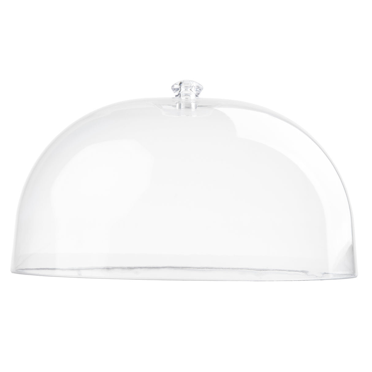 A clear glass Cake Dome with a rounded shape and a small round handle on top, perfect for protecting or displaying cakes or pastries. This BPA free dome is shown on a plain white background and is dishwasher safe for easy cleaning.