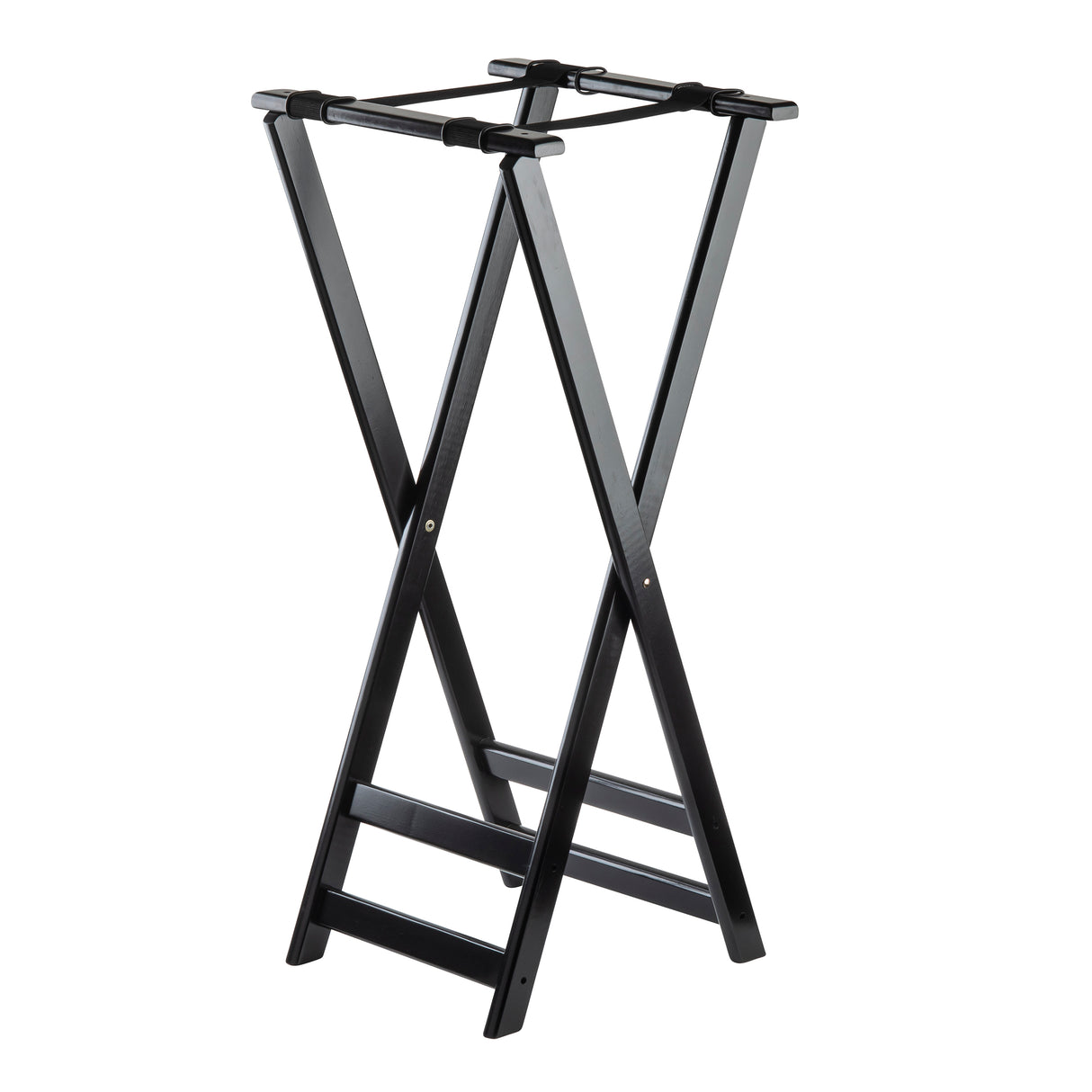 A black metal luggage rack with four horizontal support straps and X-shaped angled legs. This lightweight, foldable tray stand is ideal for holding suitcases or bags, making it perfect for hotels or guest rooms.
