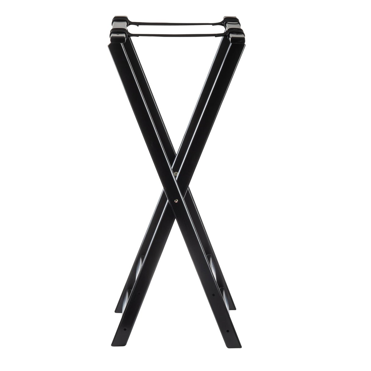 A black TableCraft tray stand with folding X-shaped legs and two parallel support straps across the top, designed to hold suitcases. The simple, minimalist structure is photographed against a white background.