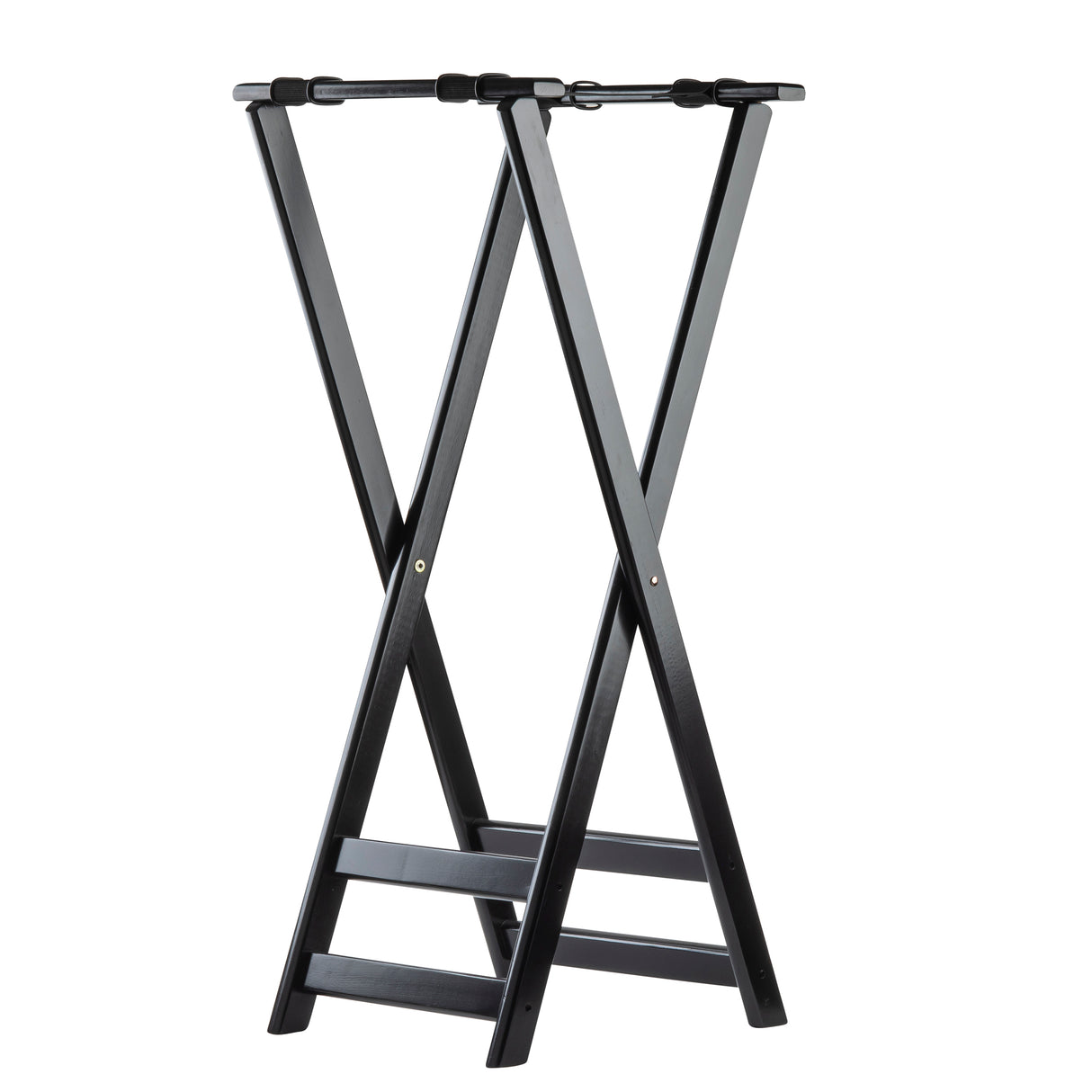 A black rubberwood luggage rack with a foldable X-frame design, two flat support bars on top, and two horizontal bars near the base for stability. The smooth surface is empty, making this versatile piece perfect as a tray stand or for guest use.