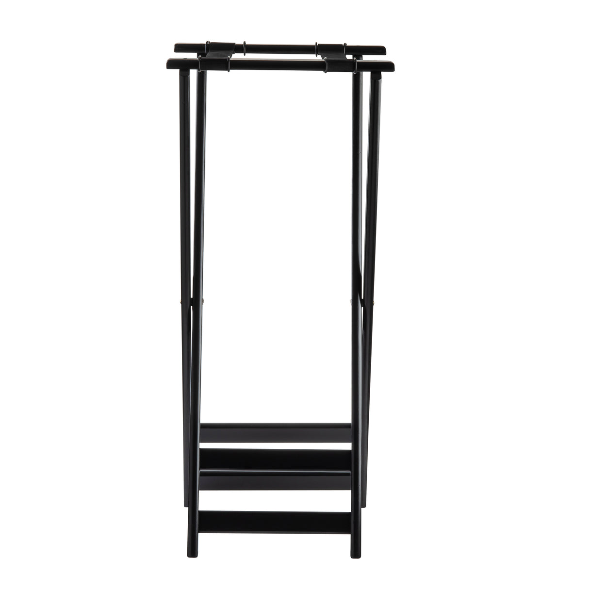 A black metal valet stand with two horizontal bars for hanging clothes and two lower shelves for storing items. Inspired by minimal, modern tray stand designs, it features clean lines and functionality against a crisp white background.