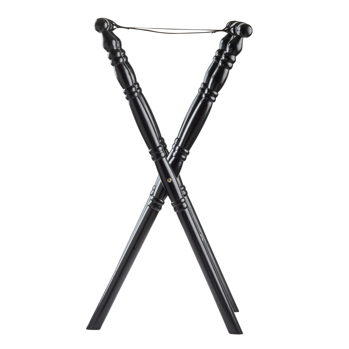 A black rubberwood folding luggage rack with two X-shaped legs, decorative carved details, and two parallel black support straps across the top for holding suitcases or bags. The rack stands on a white background.
