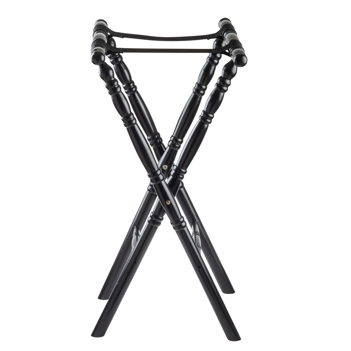 A folding luggage rack with four crossed dark rubberwood legs and two black support straps on top, designed for holding suitcases. The turned wood legs feature decorative spindle design grooves, and the rack stands upright on a white background.