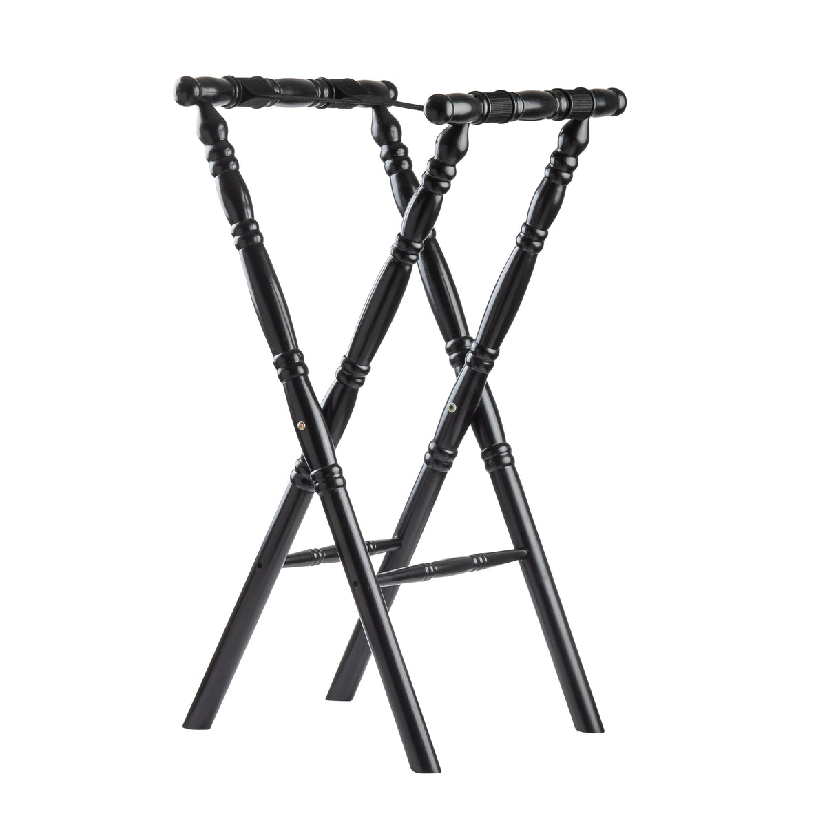 A black rubberwood folding luggage rack with spindle-turned legs and handles forms an X-shape. The rack stands upright, showing its crossed-leg spindle design and glossy finish, with four legs and two parallel top rails against a plain white background.