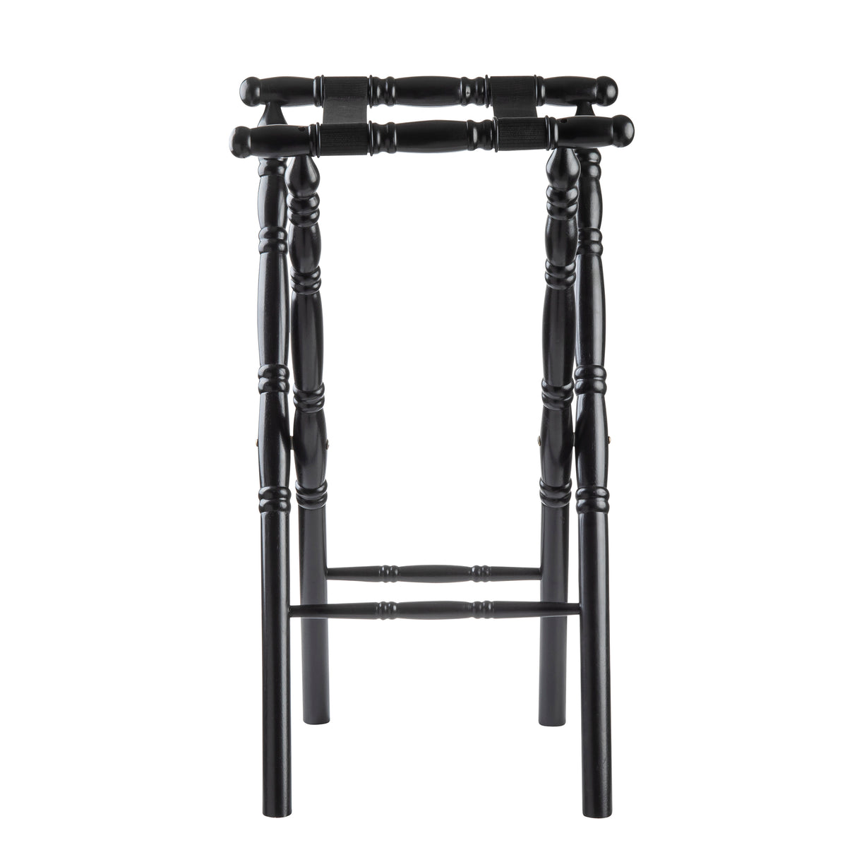 A black rubberwood luggage rack with a spindle design features four turned legs, two woven support straps across the top, and decorative grooves along the legs, viewed from the front against a white background.