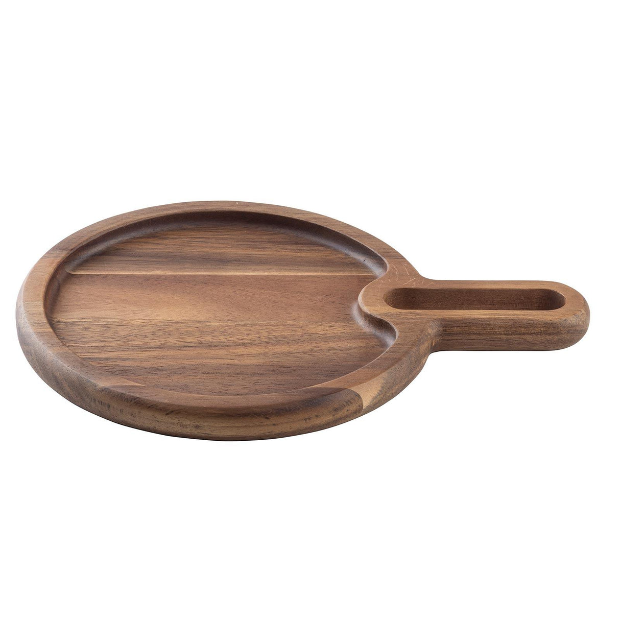 A round wood serving tray with a smooth surface, shallow groove near the edge, and an elongated handle featuring a small rectangular indentation—all showcasing natural wood grain. Perfect as an Acacia snack tray from TableCraft.