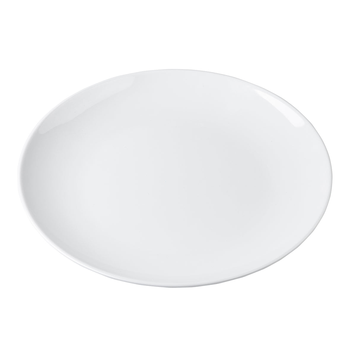 A plain, round, white ceramic plate is shown against a solid white background. Reminiscent of the Sierra Collection Serving Platter, it has a smooth surface with slightly raised edges and no visible patterns or decorations.