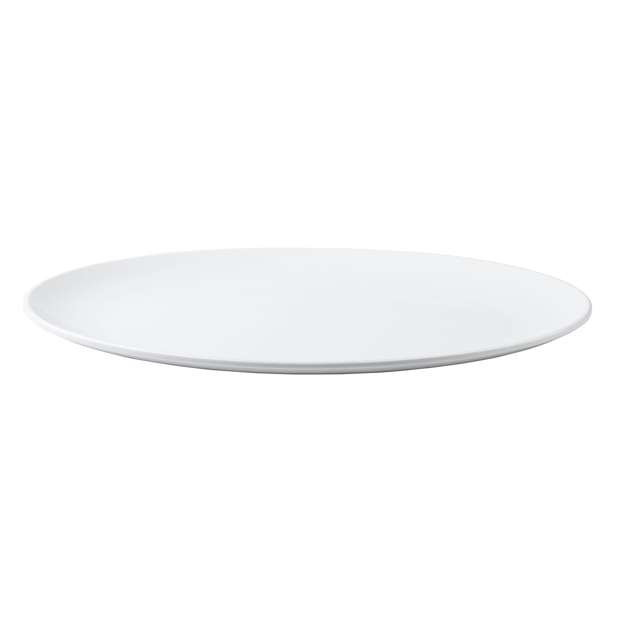 A plain, round, white ceramic plate with a smooth surface and slightly raised rim, photographed against a white background. This clean, minimalistic design resembles the Sierra Collection Serving Platter.