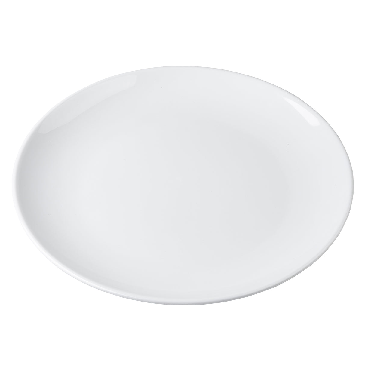 A plain, round white ceramic plate with a smooth, glossy surface is shown on a white background. Resembling the minimalist style of the Sierra Collection Serving Platter, it is empty and viewed from above with slightly raised edges.