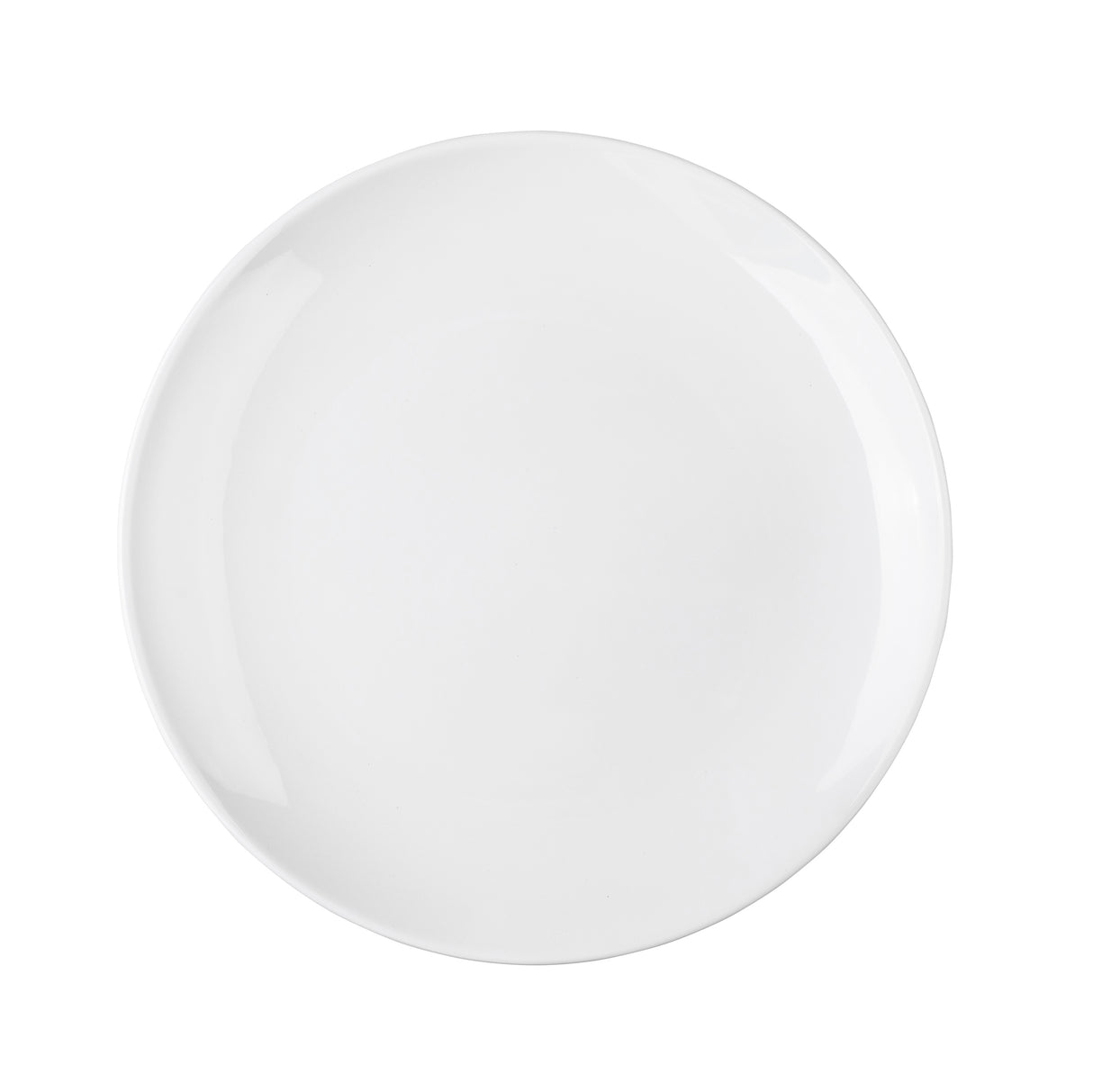 A plain, round white Sierra Collection Serving Platter is shown from above on a white background. This NSF-certified melamine platter features a smooth surface, no patterns or decorations, and a slightly raised edge with subtle rim highlights.