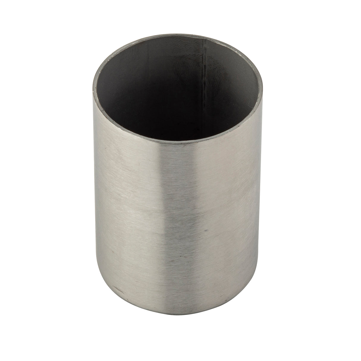 A plain, stainless steel cylindrical pipe segment with a hollow center and smooth, silver-gray surface stands vertically against a white background. The even top edge hints it could serve as a modern sugar packet holder and is dishwasher safe for easy cleaning.