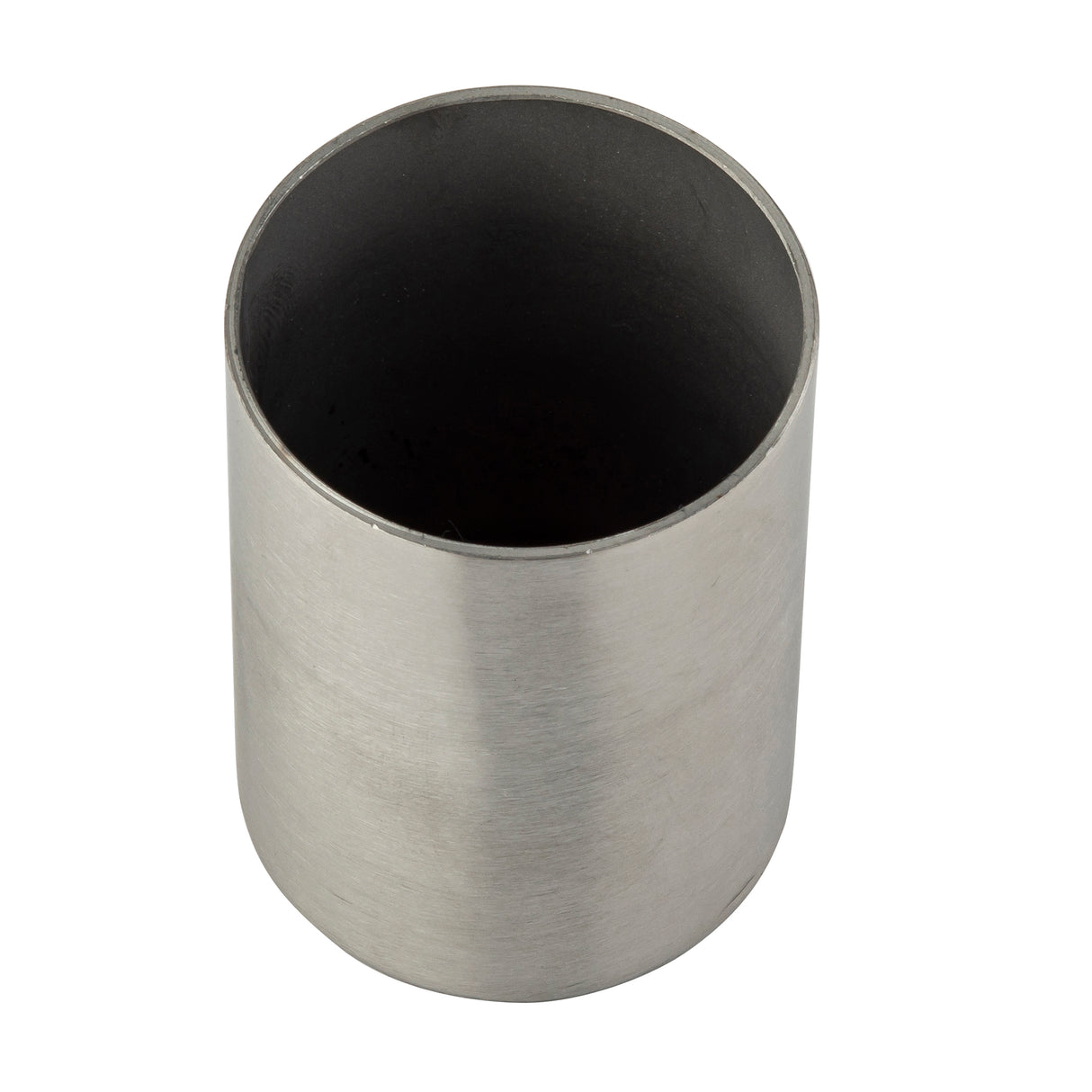 A metallic, hollow stainless steel tube with a smooth, brushed surface stands upright on a white background. The cylinder’s interior is dark, and the open top edge is visible. Its clean outer surface suggests it may be dishwasher safe.