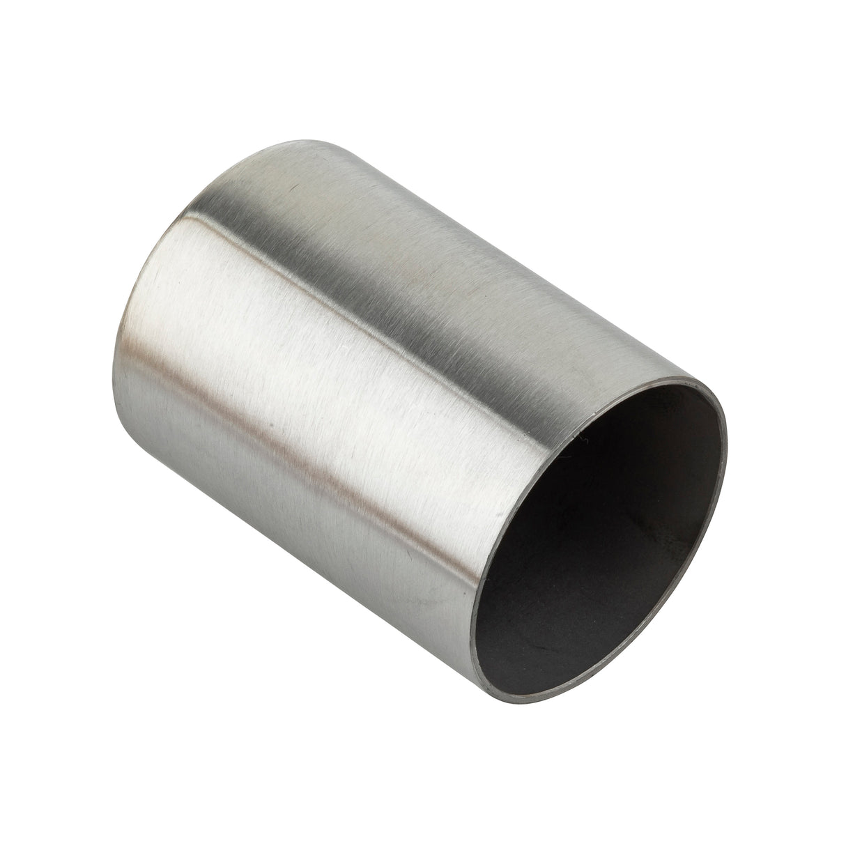 A cylindrical stainless steel tube with a smooth, brushed silver finish. The tube is hollow, open at both ends, and could serve as a modern sugar packet holder. Its shiny surface stands out against the plain white background.