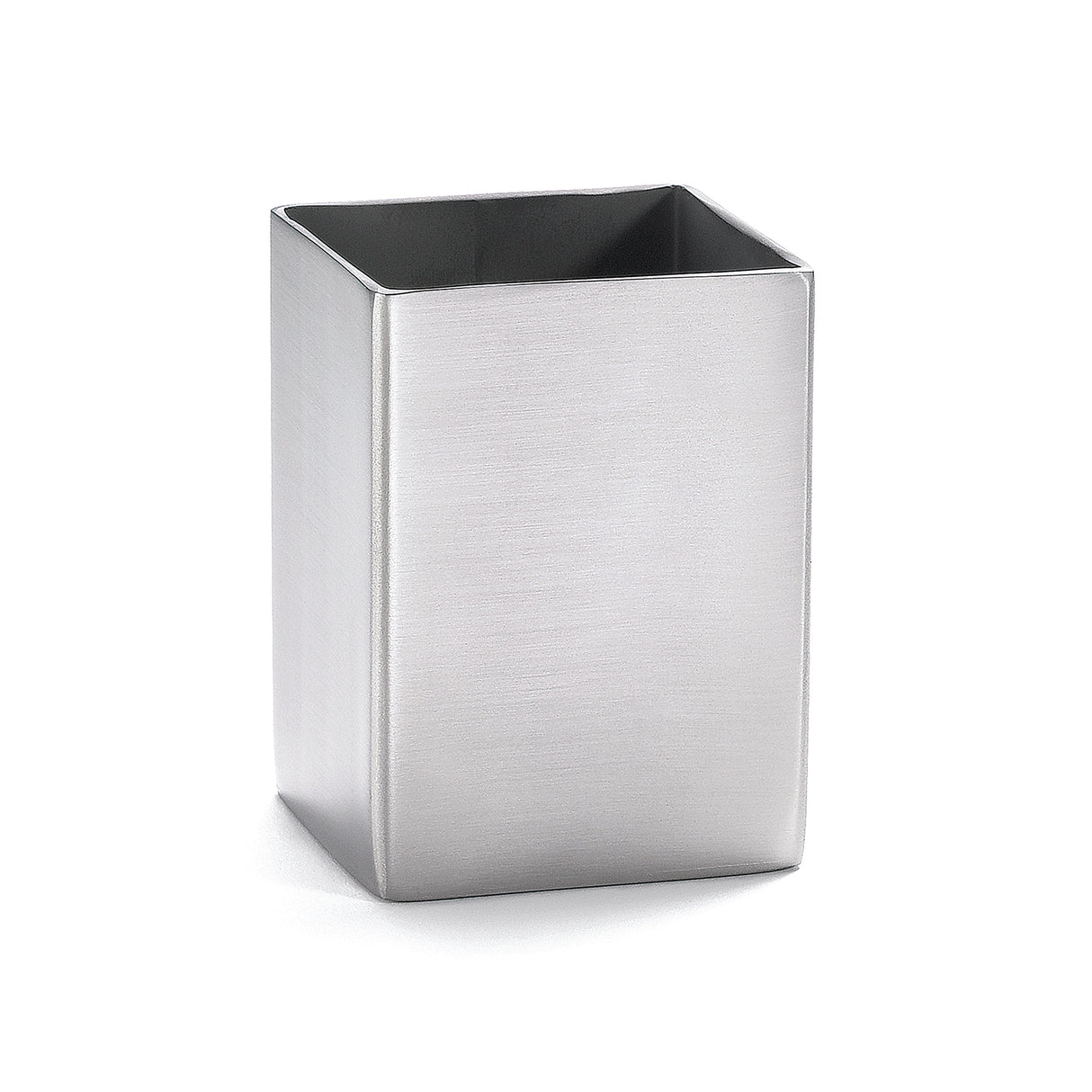 A rectangular, stainless steel container with smooth, brushed surfaces, sharp edges, and an open top stands upright on a white background. Its clean, minimalist design makes it ideal as a sugar packet holder or small organizer.