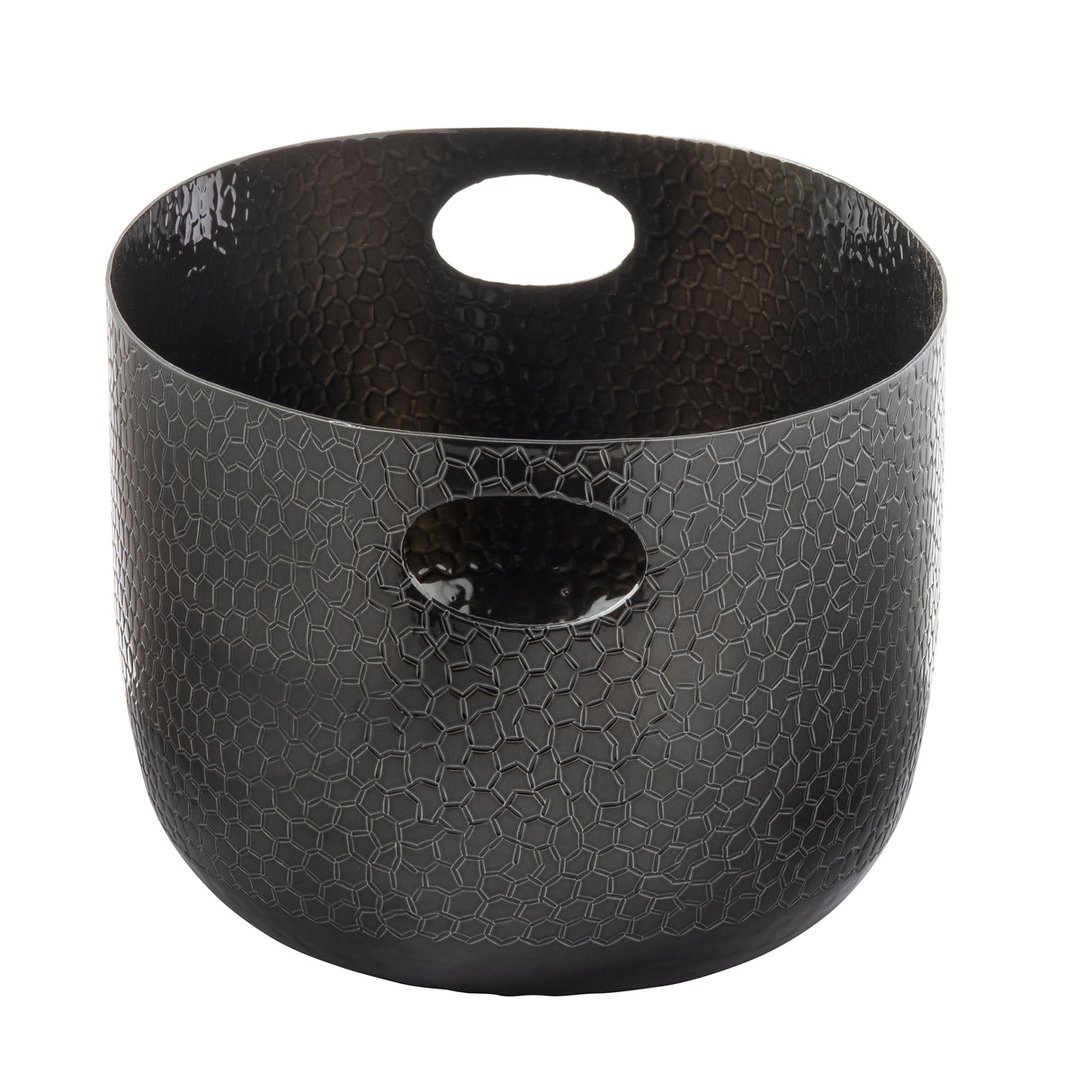 A round, black aluminum beverage tub with a hammered, hexagonal textured pattern. Part of the Crackle Collection, it features two oval cut-out handles for easy carrying and a matching dark metallic finish inside and out.