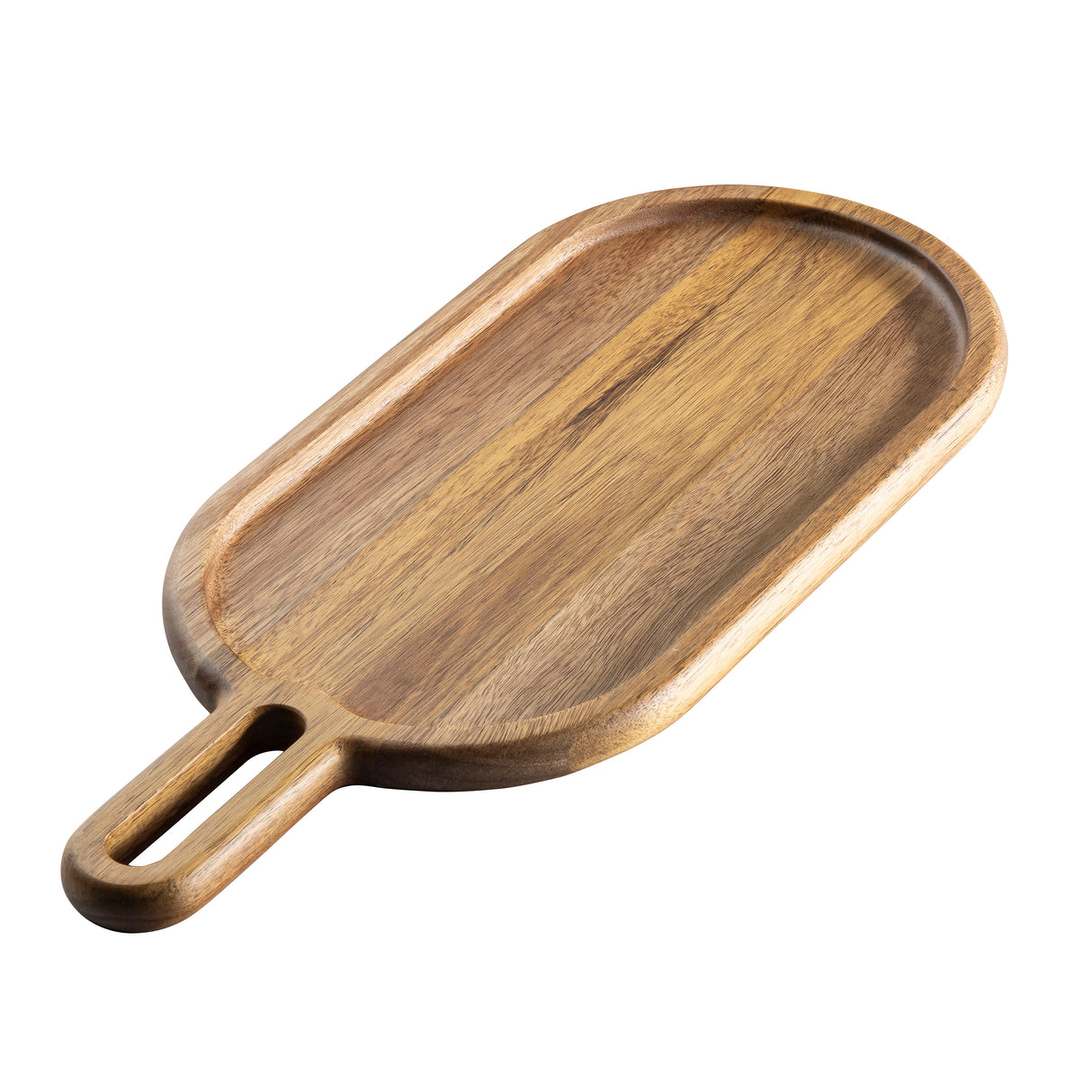 A TableCraft Acacia Collection serving tray with a smooth, oval-shaped acacia wood surface and a rounded handle featuring an elongated cutout. The tray has a shallow lip and natural wood grain finish, displayed on a white background.