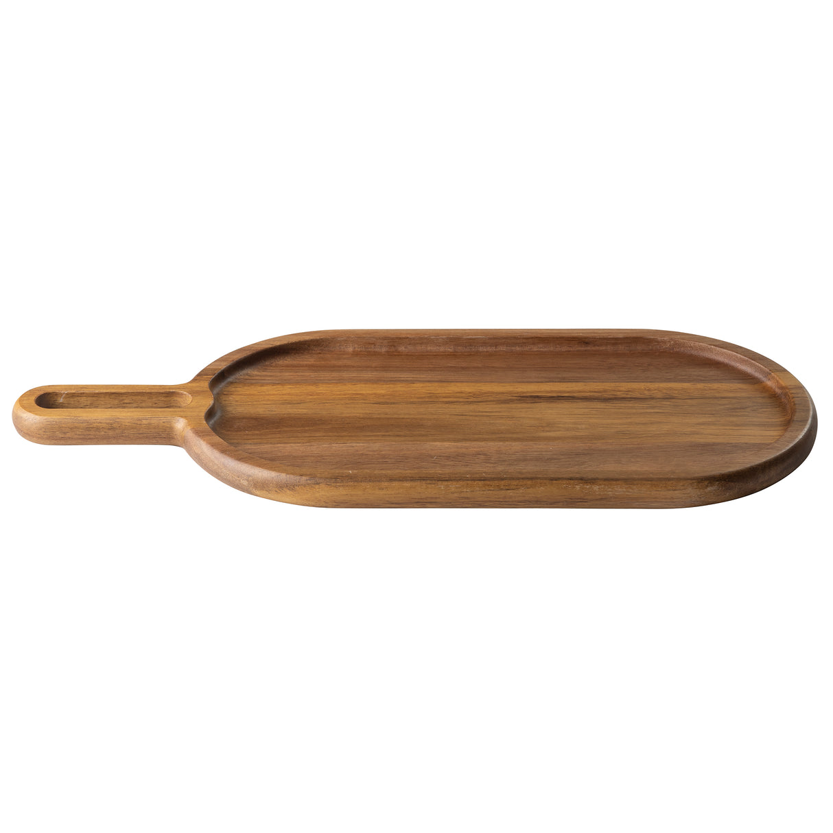 A wooden Acacia Serving Tray with an oval shape and a short handle on the left side. Featuring a smooth surface with visible wood grain, slightly raised edges, and a small cutout at the handle’s end. The background is plain white.
