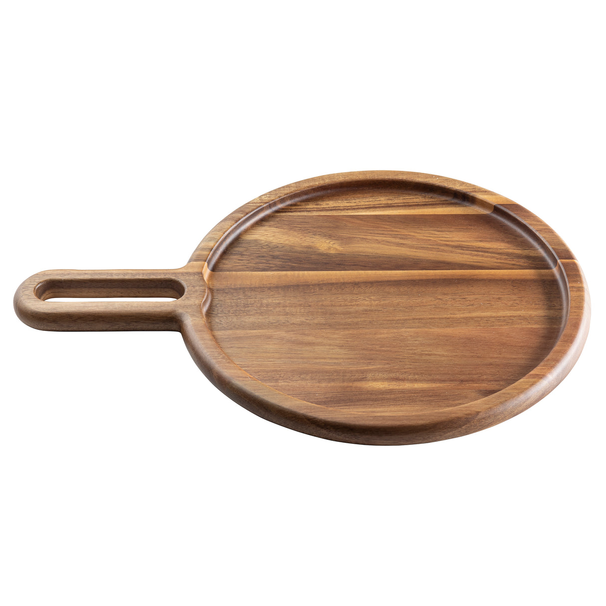 A round Acacia Serving Board with a smooth finish, featuring a raised rim and an attached handle with an elongated hole for easy gripping or hanging. The visible acacia wood grain adds a natural, rustic look to this TableCraft board.