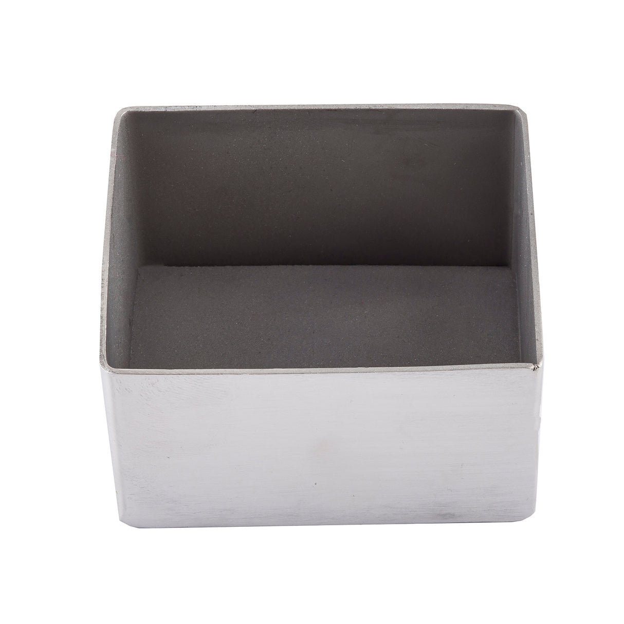 A square stainless steel container with smooth, silver-colored sides and an open top, showing a dark interior. The box has straight edges, a flat bottom, and sits on a white background—ideal as a sugar packet holder.