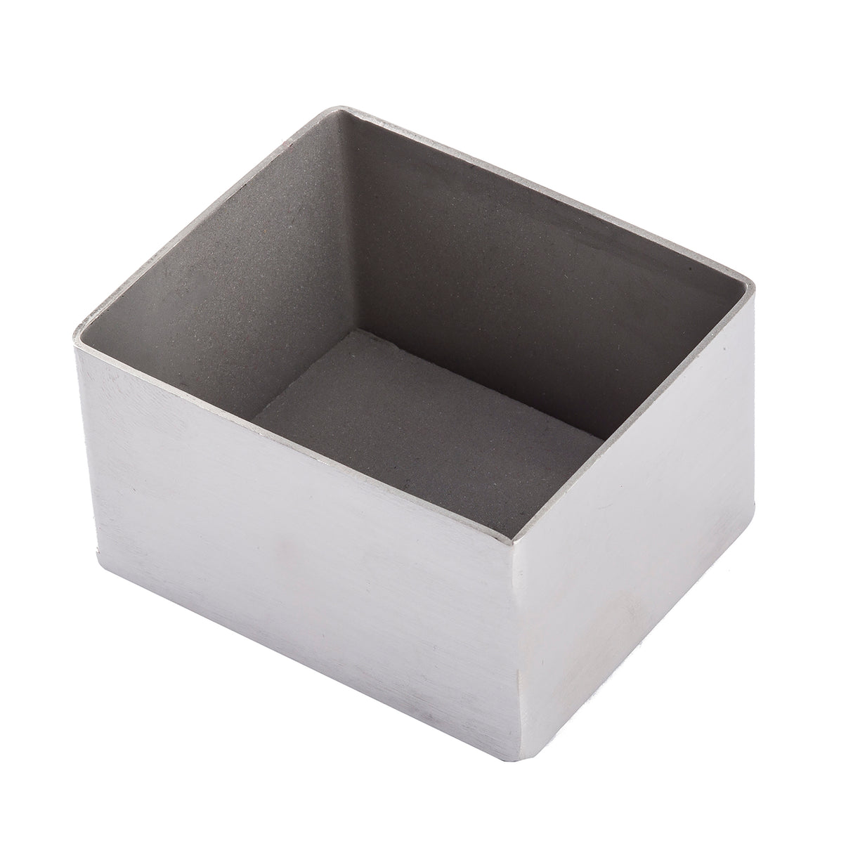 A rectangular, open-top stainless steel container with smooth, silver-colored sides and a matte gray interior, photographed on a white background. The box appears sturdy and functional—ideal as a sugar packet holder and dishwasher safe.