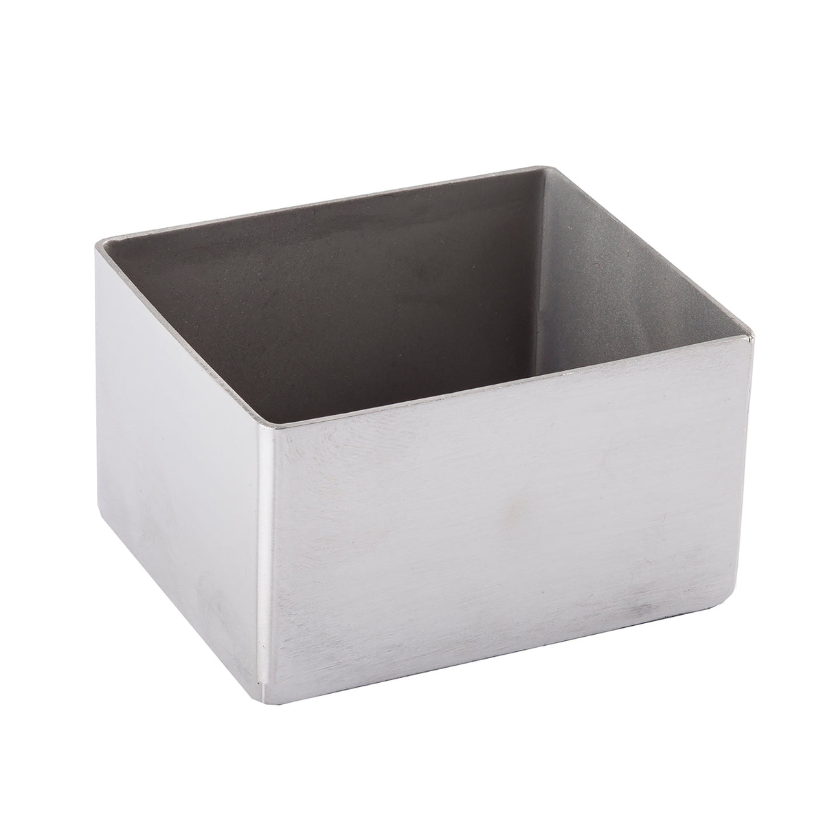 A rectangular, stainless steel sugar packet holder with straight sides and no lid, shown at an angle on a white background. The smooth, matte surface is dishwasher safe and the inside appears empty.