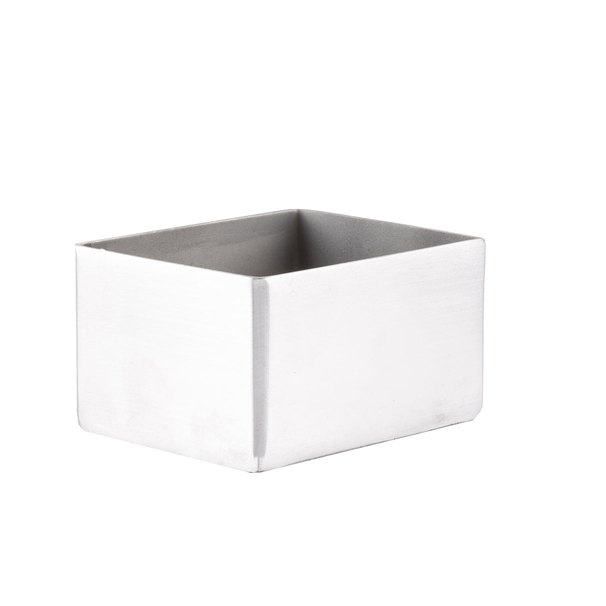 A plain, rectangular stainless steel box with a smooth, matte finish. This sugar packet holder has open top edges and sharp corners, sitting on a white background. Dishwasher safe and free of handles or decorations.