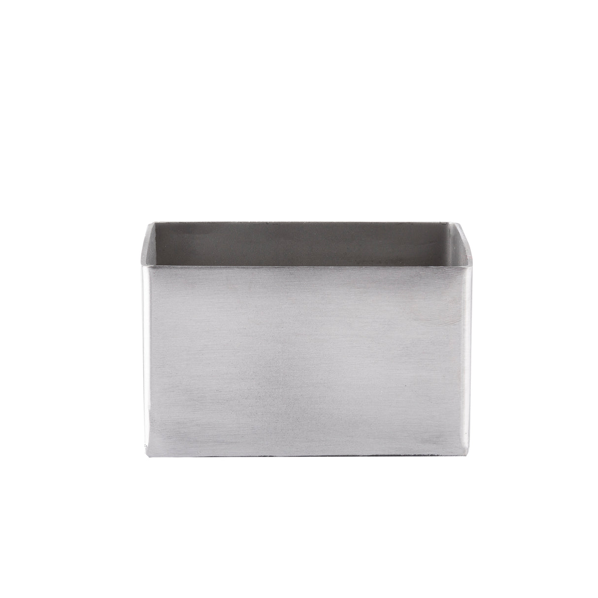 A rectangular, silver-colored sugar packet holder made of stainless steel with smooth sides and an open top, shown against a plain white background. The box has slightly rounded corners, a matte finish, and is dishwasher safe.