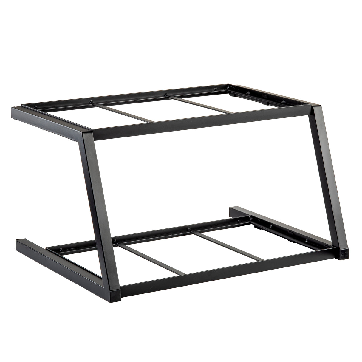 A black, metal, two-tiered frame rack stand with an angled design. Open sides and horizontal support bars on each level create spaces for holding items like wood crates or Gastronorm full size trays. The look is minimalistic and industrial.