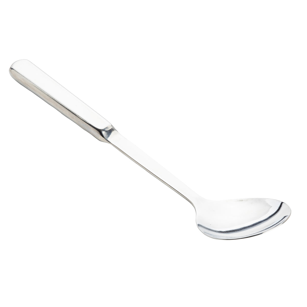 A shiny TableCraft Products stainless steel spoon from the Holden Collection features a long, straight handle and a shallow oval bowl. Shown diagonally against a white background, the handle is at the top left and the bowl at the bottom right.
