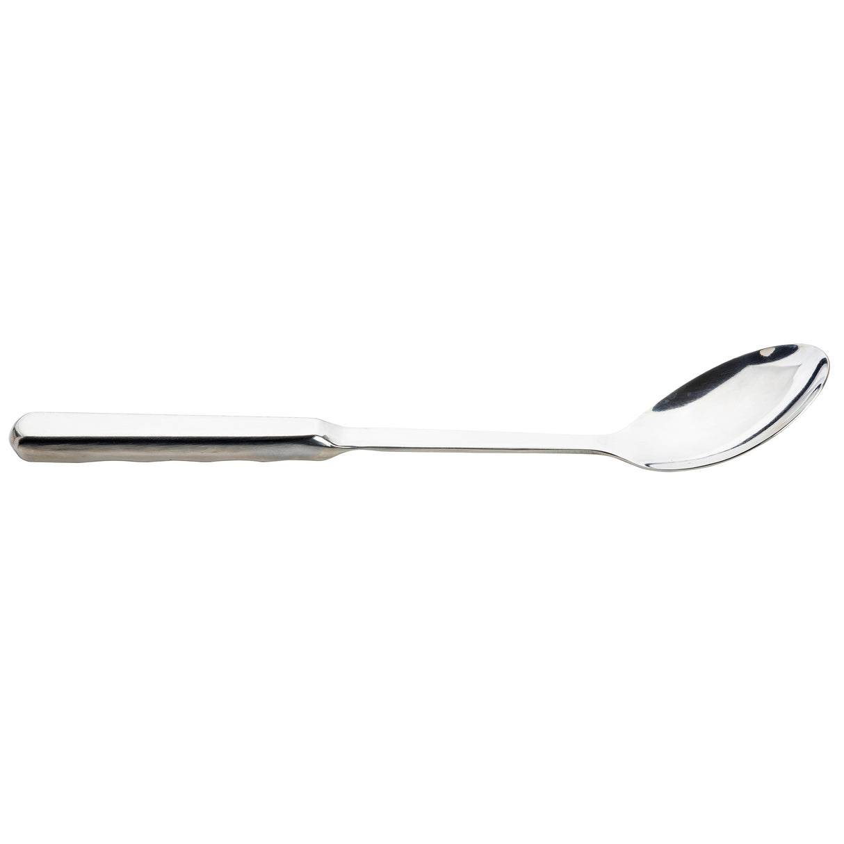 A shiny Holden Collection Solid Spoon with a slightly curved oval bowl and flat, straight handle lies on a white background. The stainless steel spoon features subtle grip indentations, and its reflective surface displays minimal light glints.