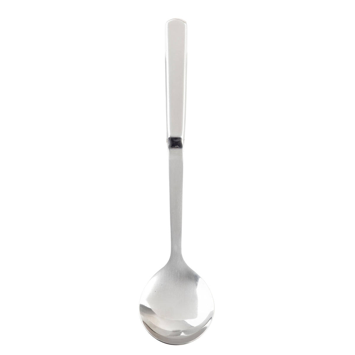 A single TableCraft Products Holden Collection Solid Spoon is shown facing up on a white background. The stainless steel spoon features a shiny, reflective surface, modern square-edged handle, and a rounded bowl with smooth edges.