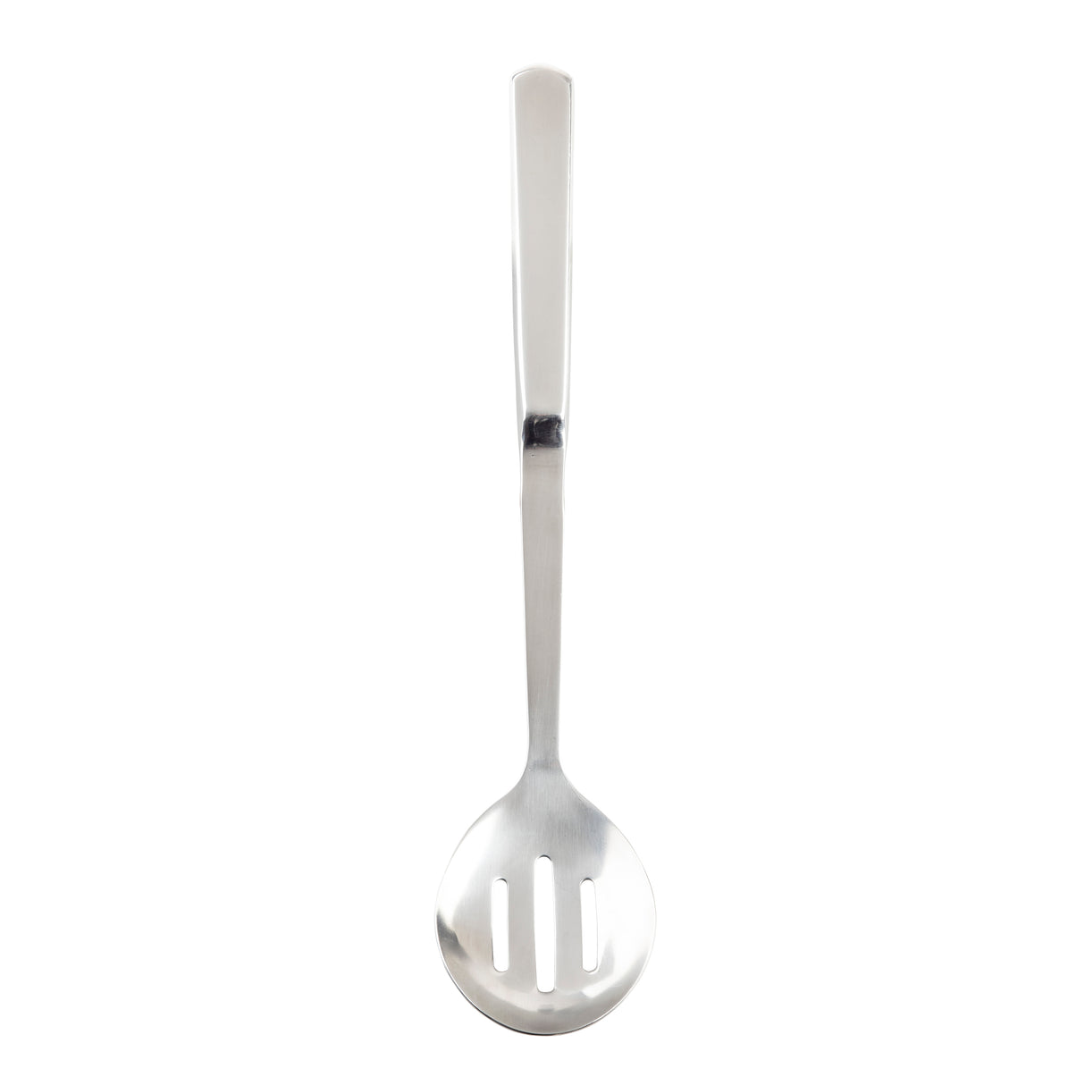 The TableCraft 11627 stainless steel slotted spoon features a long, straight handle and a round, shallow bowl with two rectangular slots for draining liquids, isolated on a white background.