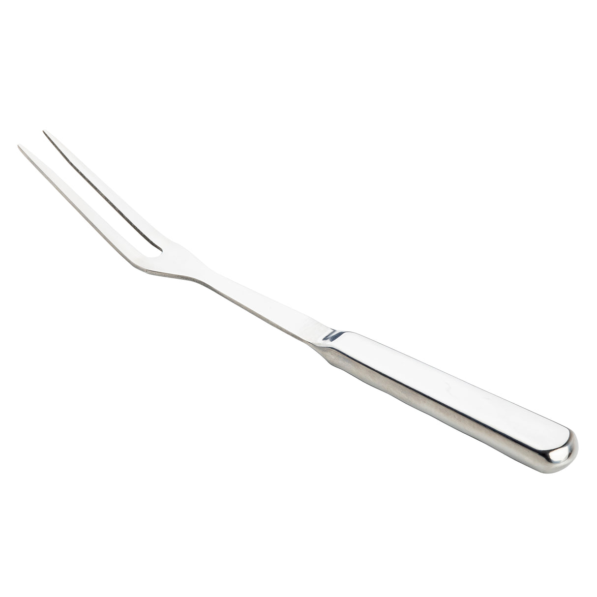 A stainless steel two-tine fork with long, sharp prongs and a straight, flat handle from the Holden Collection. Angled to the left, its reflective metallic surface stands out against a plain white background, highlighting the utensil.