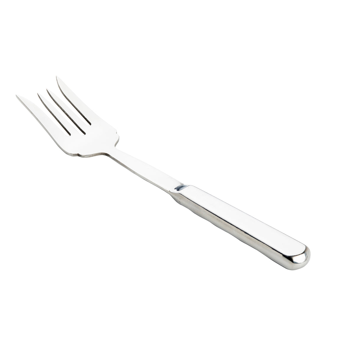 A shiny stainless steel fork from the Holden Collection features three wide, pointed tines and a flat, reflective handle. It’s positioned diagonally on a plain white background, with the handle in the lower right and the tines in the upper left.