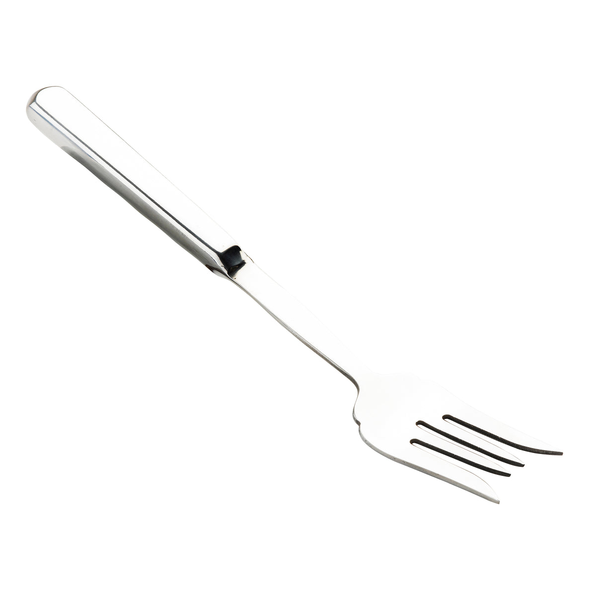 A shiny Holden Collection fork with four tines is angled diagonally on a white background. The reflective handle features a simple, modern design with clean lines, showcasing the new and unused stainless steel fork from TableCraft Products.