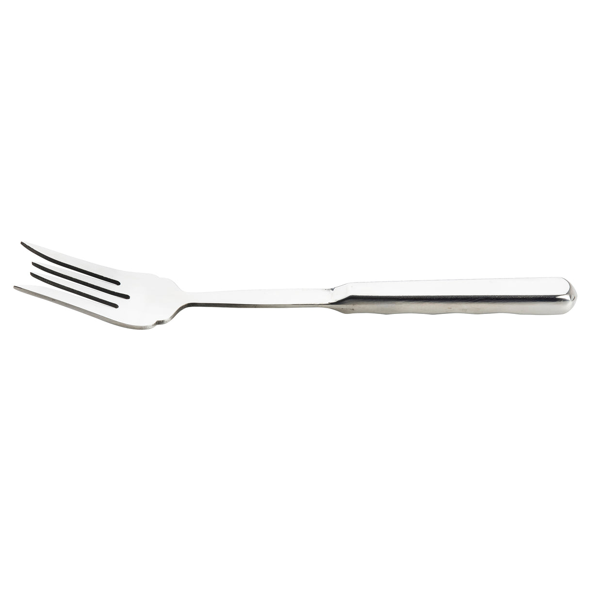 A Holden Collection stainless steel serving fork with three wide, evenly spaced prongs and a long, rectangular handle. The TableCraft Products fork is displayed on a white background, featuring slight indents on the handle for grip.
