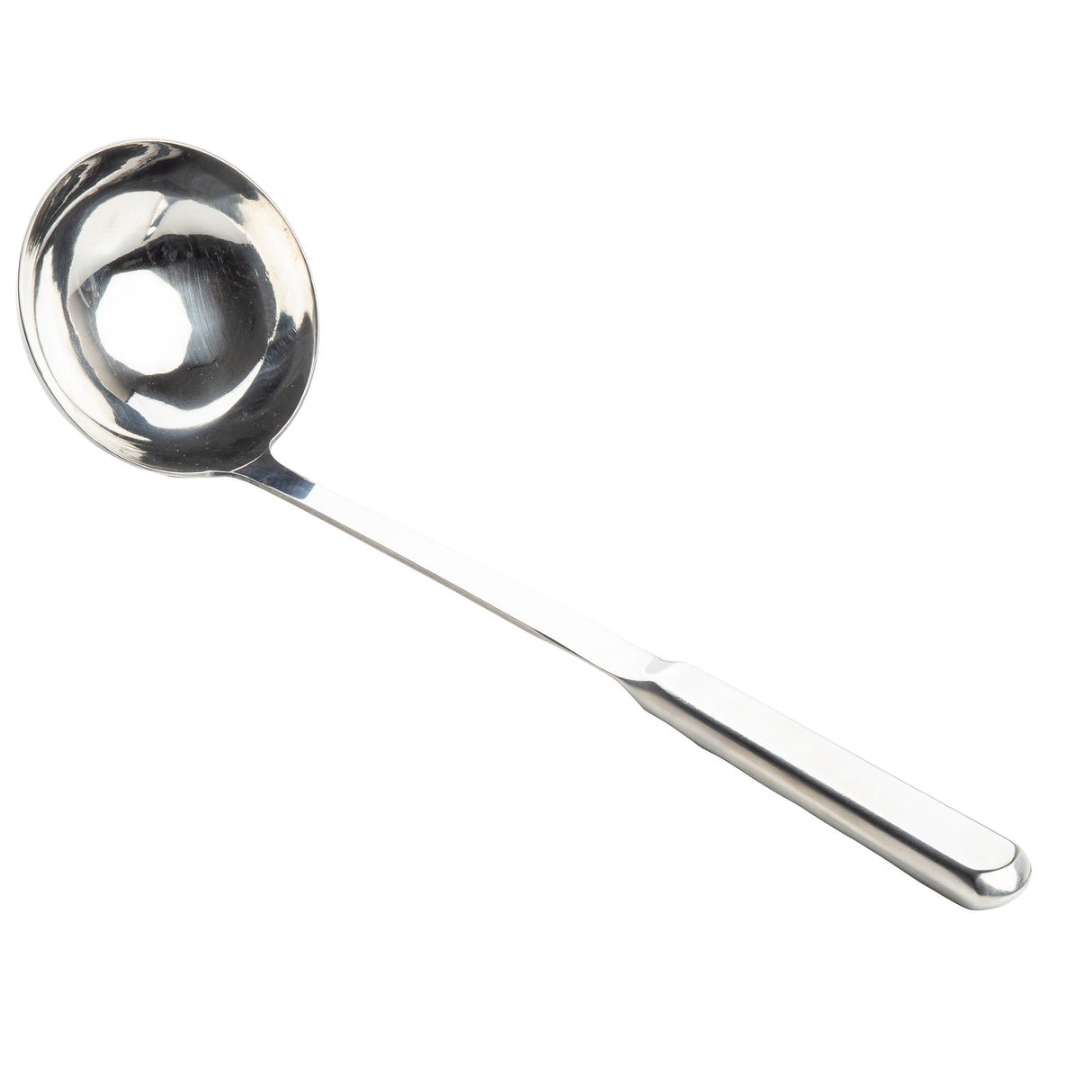 A shiny TableCraft stainless steel soup ladle with a deep, round bowl and long, straight handle is shown on a white background, angled diagonally with the handle pointing to the lower right and the bowl facing upward.