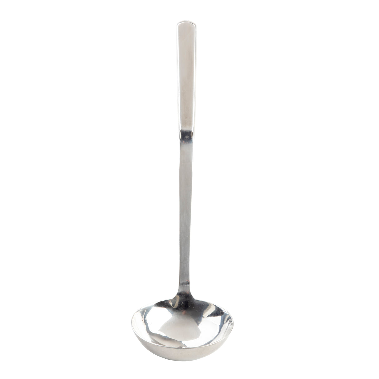 A TableCraft stainless steel soup ladle with a long, straight handle and deep, rounded bowl is shown upright on a white background. Its shiny, reflective surface catches the light as the handle extends vertically upward.